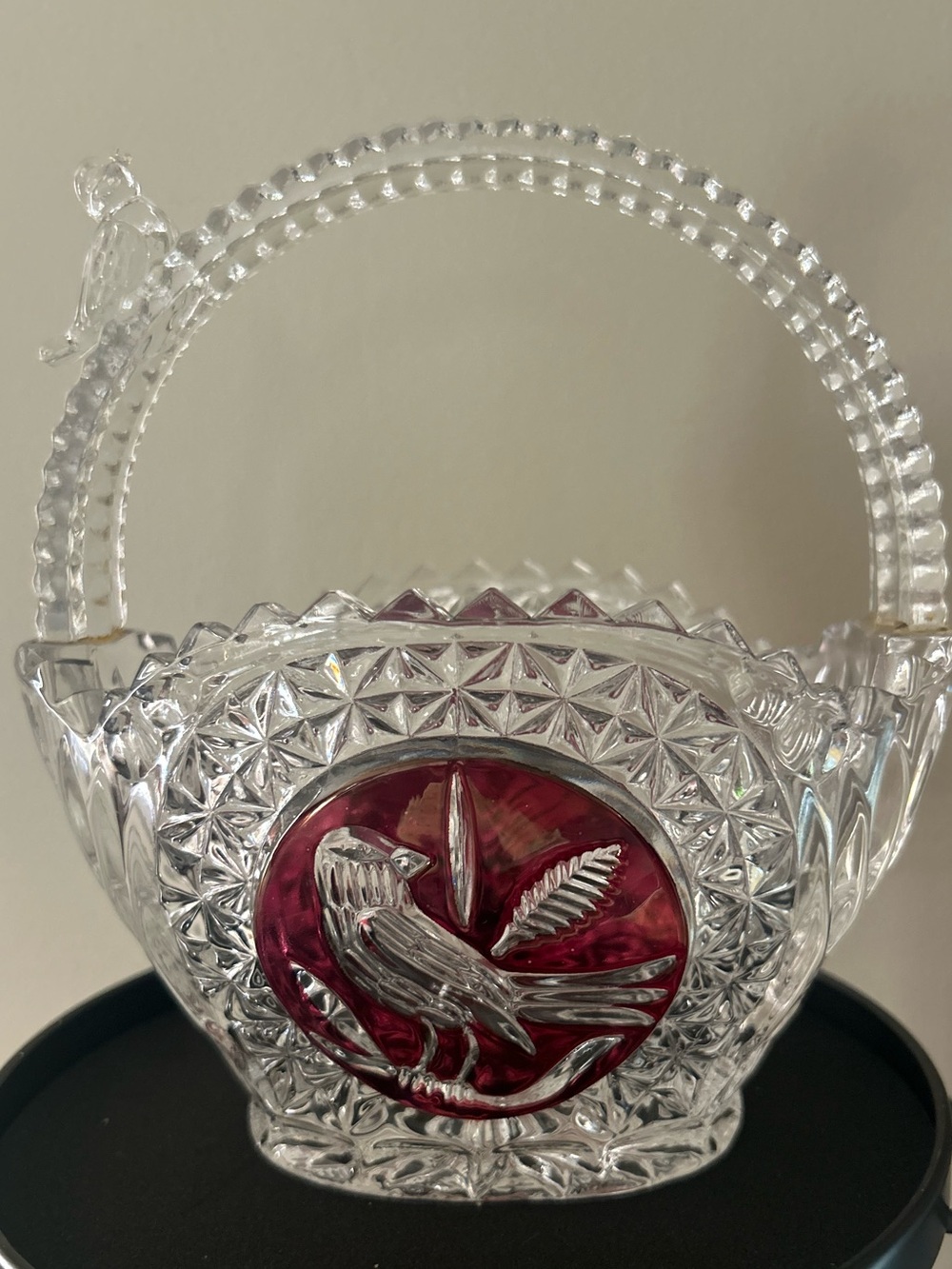 Hofbauer Byrde Fine Crystal basket candy bowl Birds Ruby Cranberry Glass